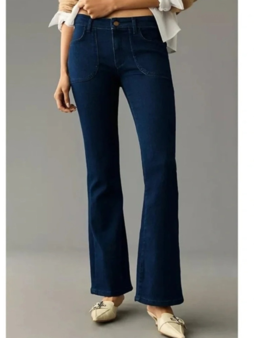 Anthropologie Pilcro The Icon Low Rise Flare Jeans Dark Wash Patch Pocket